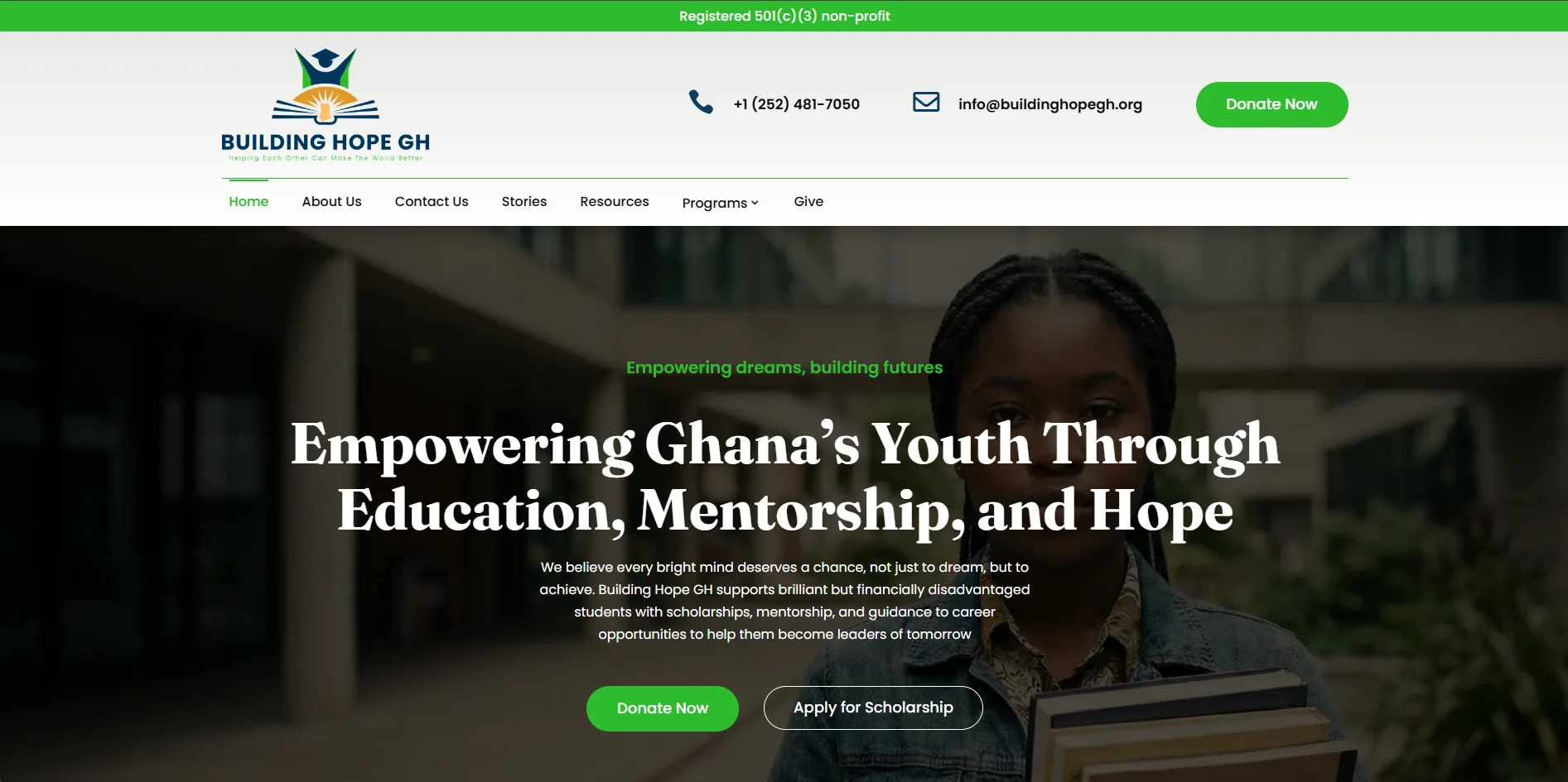 The Building Hope GH homepage, with a registered 501(c)(3) banner above the headline and the donate and scholarship buttons