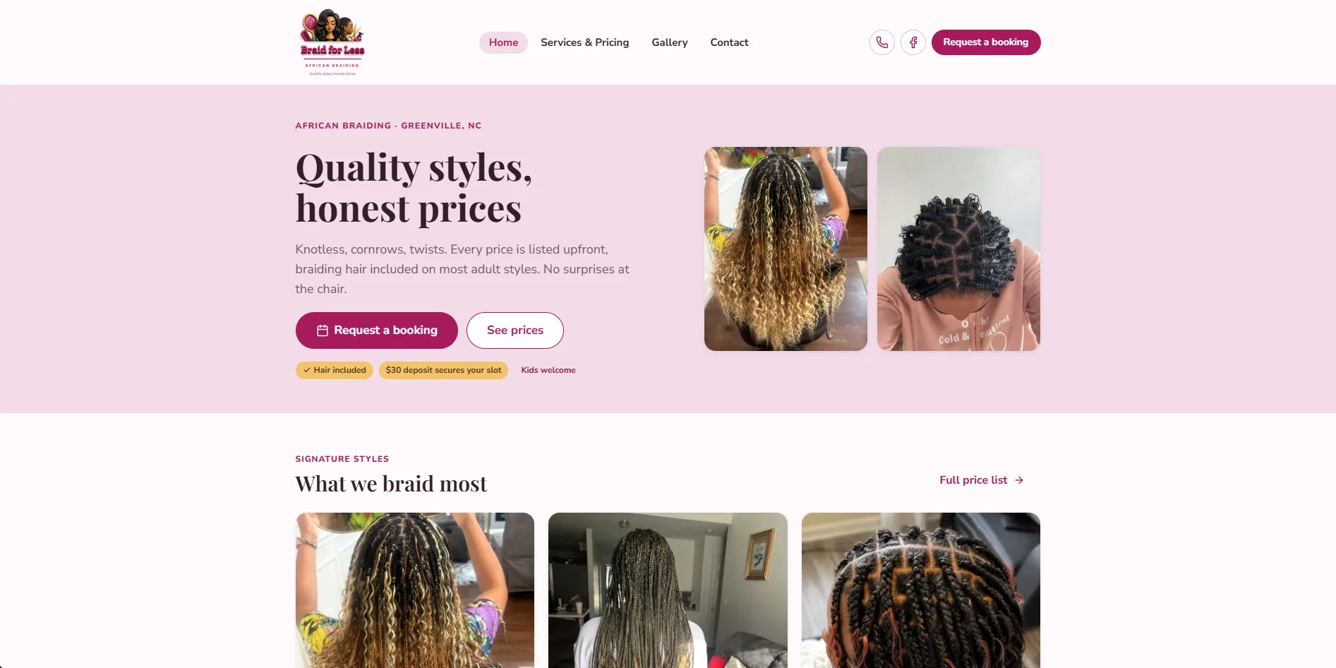 The Braid For Less homepage, with hair included and deposit notes beside photographs of finished braiding work