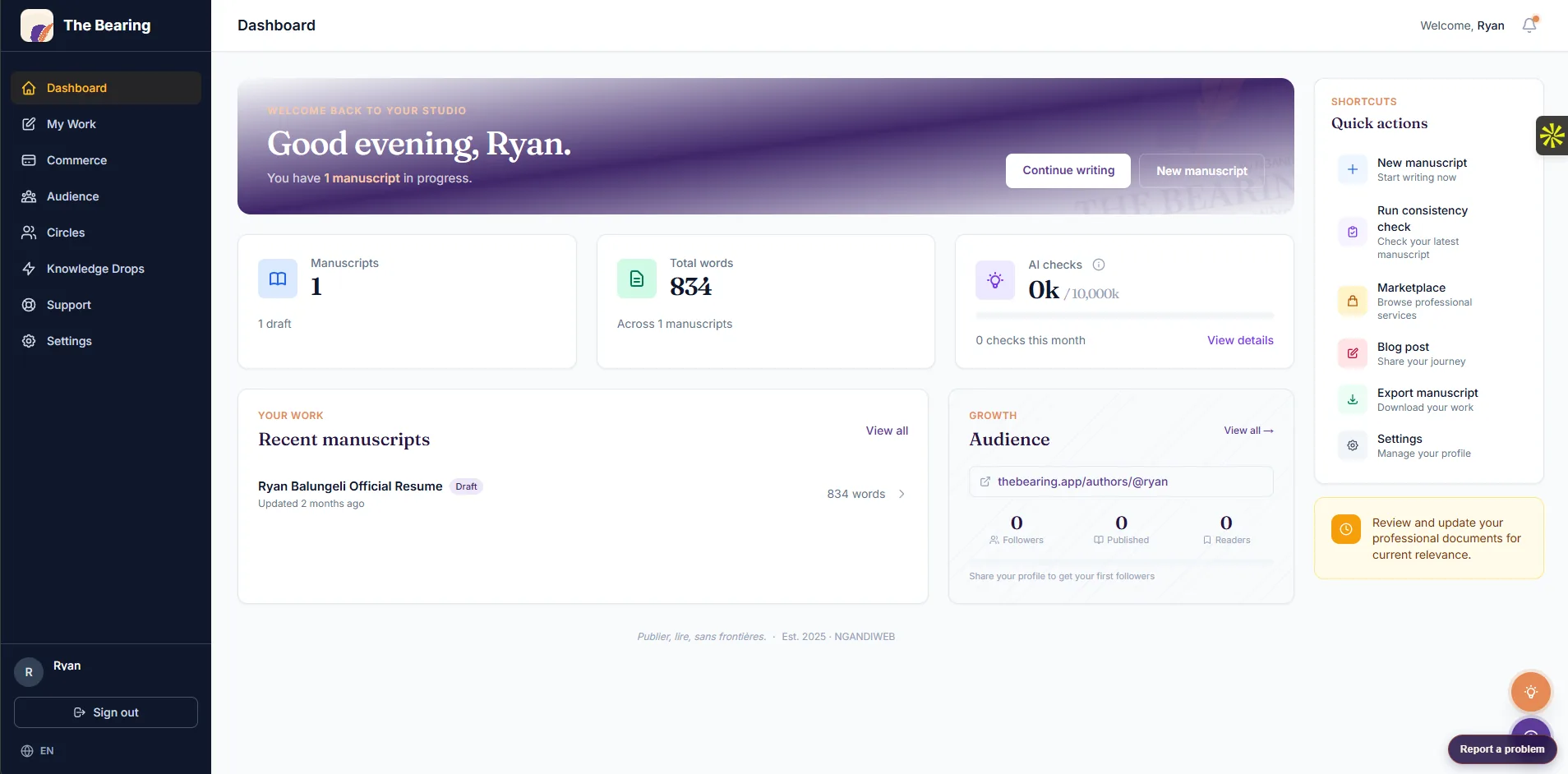 The Bearing author dashboard, with manuscript and word count tiles beside an AI check quota and a quick actions panel