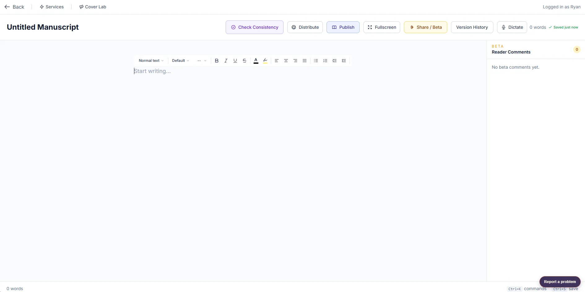 The Bearing manuscript editor, with a formatting toolbar and a reader comments panel on the right