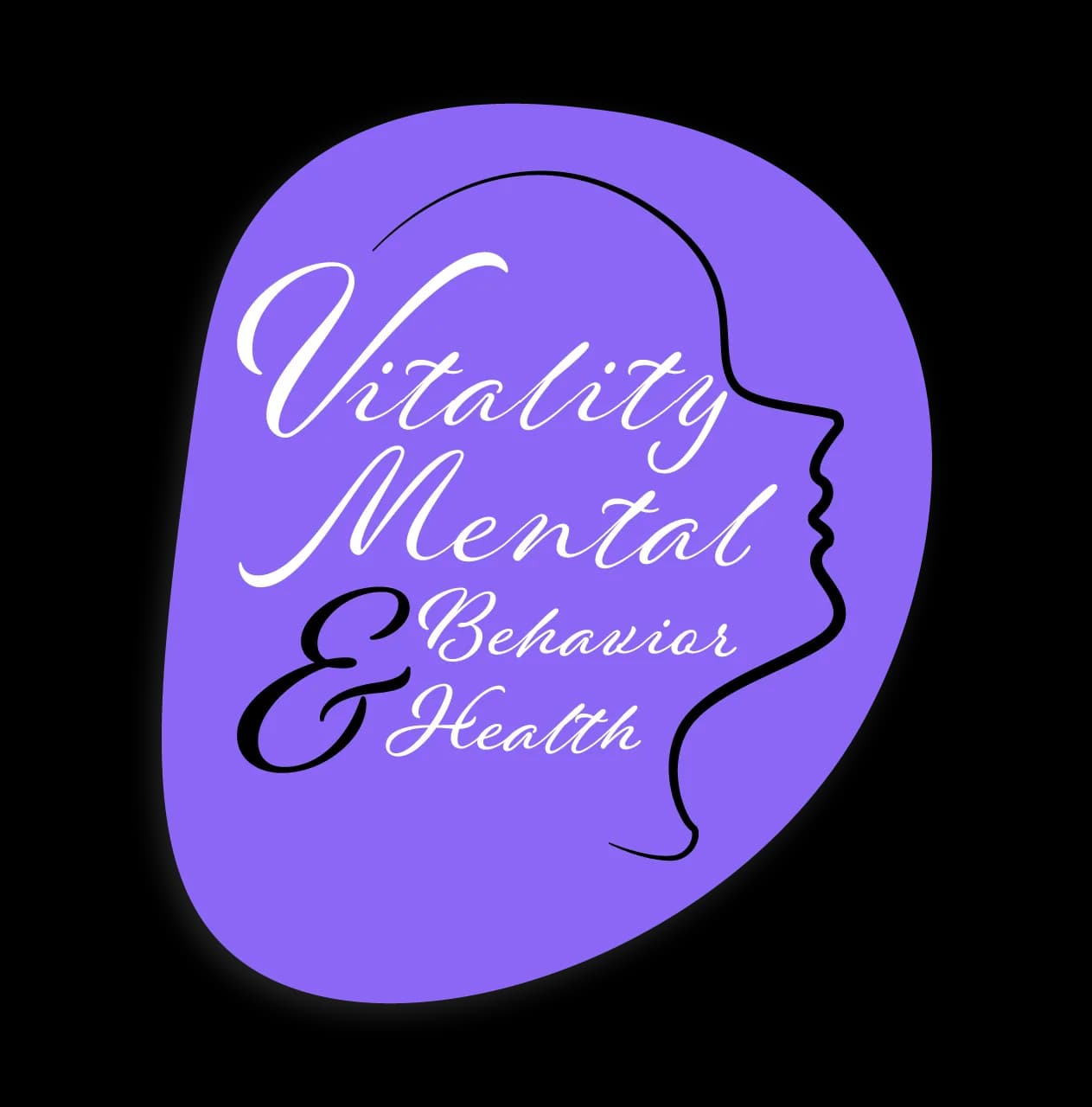 The Vitality logo, script lettering on a purple shape with a line drawn face in profile